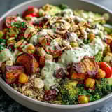 Hearty black beans and chickpeas atop quinoa, Meal Prep Week-Long Power Bowl garnished with crunchy almonds and seeds.