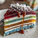 Silky layered rainbow jelly cake with rich coconut cream topping, refreshing.