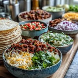 Colorful DIY Taco Bar for Outdoor BBQ, ready for guest customization.
