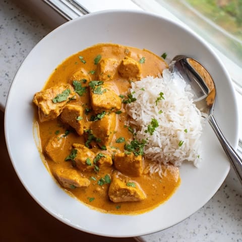 Creamy Chicken Tikka Masala served over fluffy basmati rice, garnished with fresh cilantro.