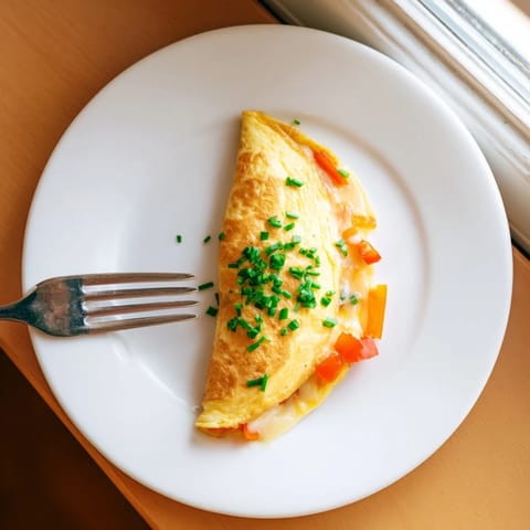 A classic omelet with cheddar and chives on a rustic plate, paired with toast for a perfect American breakfast.