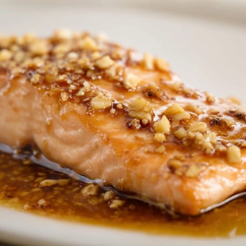 Pan-seared Honey Garlic Salmon fillets feature crispy skin coated in a rich, glossy honey garlic glaze.