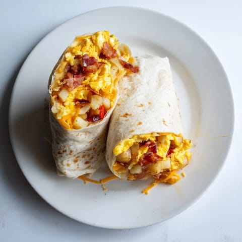 A close-up of a warm Breakfast Burrito cut in half, revealing layers of eggs, potatoes, and cheese, served with salsa.