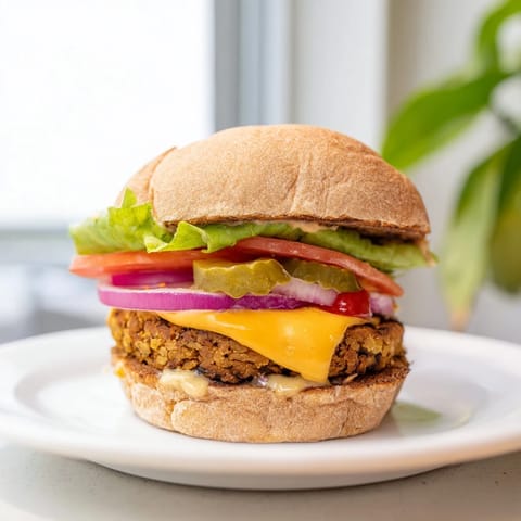 A close-up of a freshly made veggie burger, featuring a hearty plant-based patty with visible chickpeas and oats.
