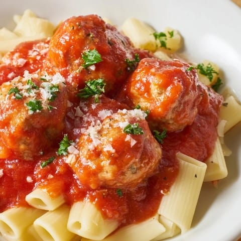 Oven-baked turkey meatballs arranged on a platter with spaghetti, topped with grated Parmesan and fresh basil leaves.