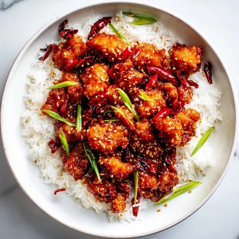 Deep-fried General Tsos Chicken bites tossed in a glossy, spicy sauce, garnished with dried chilies and fresh ginger, served over a steamy bowl of rice.