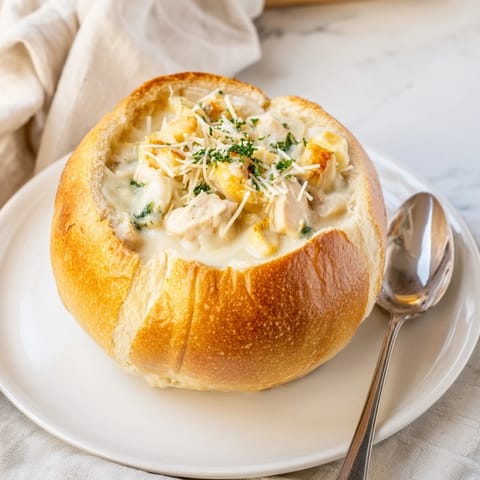 Freshly baked bread bowl holding rich, velvety chicken Alfredo, garnished with parsley for a comforting main dish.  