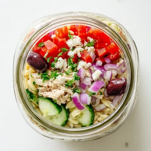 Greek Pasta Chicken Salad Jars are perfect for meal prep, with colorful vegetables and briny olives visible through the glass.