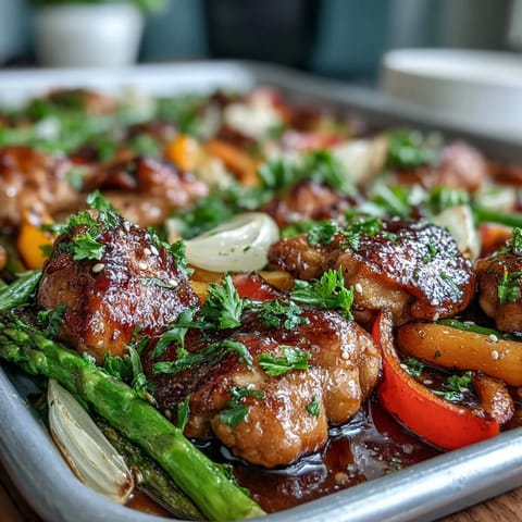 Golden honey garlic chicken and roasted spring vegetables, a colorful dinner.