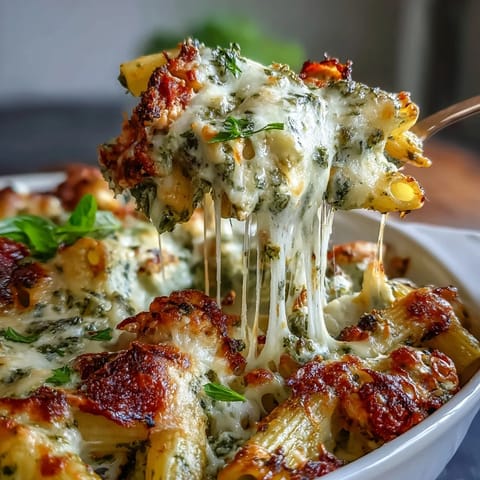 Steaming Pesto Chicken Pasta Bake served in a white casserole dish, garnished with fresh basil and ready for a family dinner.