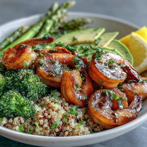 A healthy Detox Buddha Bowl with plump shrimp, creamy avocado, and fluffy quinoa.