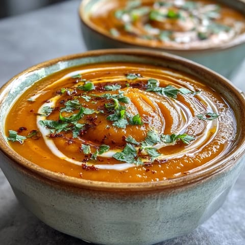 Warming carrot, celeriac, and chilli soup with herbs and a touch of spice.
