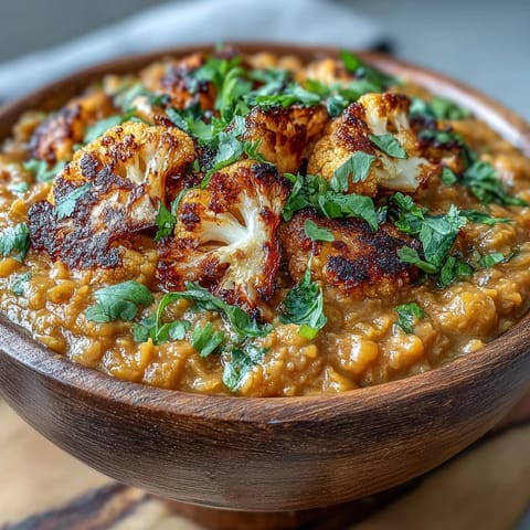 Aromatic red lentil dhal with vibrant, cumin-roasted cauliflower crowns.