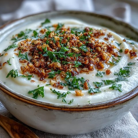 Velvety roasted celeriac soup topped with crunchy, savory hazelnut crumble.