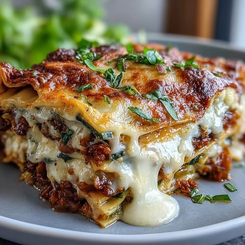 Golden baked One-Pan Smoky Veggie Lentil Lasagne, bubbling hot, ready for serving.