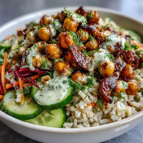 Vibrant vegan Peanut Chickpea Rice Bowl, topped with crunchy peanuts and zesty dressing.