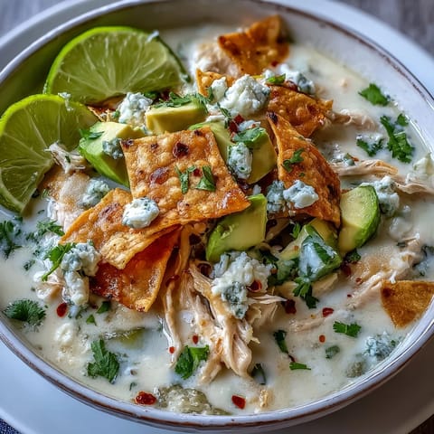 Creamy Chicken Tortilla Soup steams in a rustic bowl, topped with creamy avocado, cilantro, and crunchy tortilla chips.