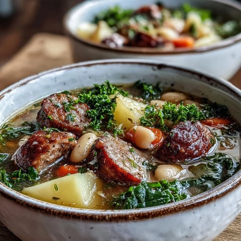 Steaming Tuscan White Bean Sausage Soup with kale, carrots, and creamy beans in a rustic bowl.