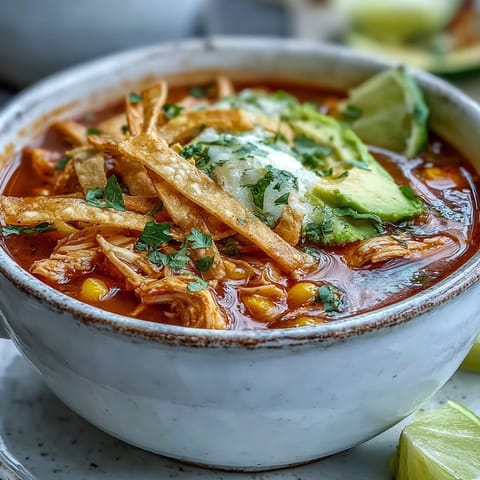 Sliced avocado and shredded cheese garnish a hearty bowl of Best Chicken Tortilla Soup.