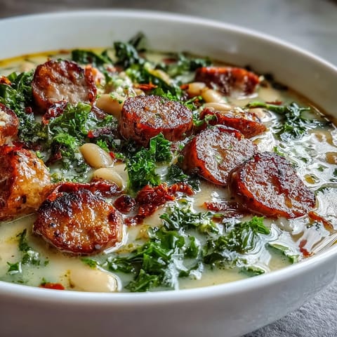 Steaming Italian White Bean Soup with kale and sausage served in a rustic bowl, garnished with grated Parmesan and crusty bread.