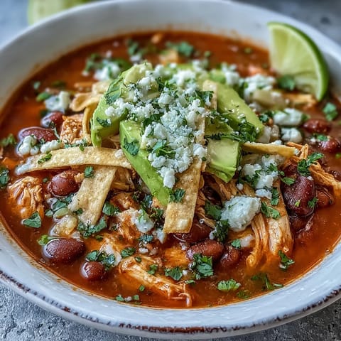 A close-up of Chicken Tortilla Soup featuring shredded chicken, pinto beans, and sweet corn in a rich tomato broth.