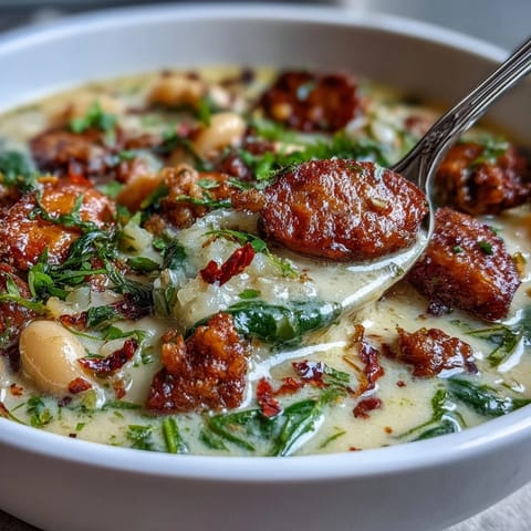 Creamy Tuscan White Bean Soup with Sausage and spinach in a rustic bowl, steam rising beside crusty bread and Parmesan.