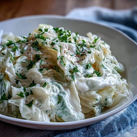 Silky Creamed Cabbage in a skillet, garnished with parsley, served with pork and crusty bread.