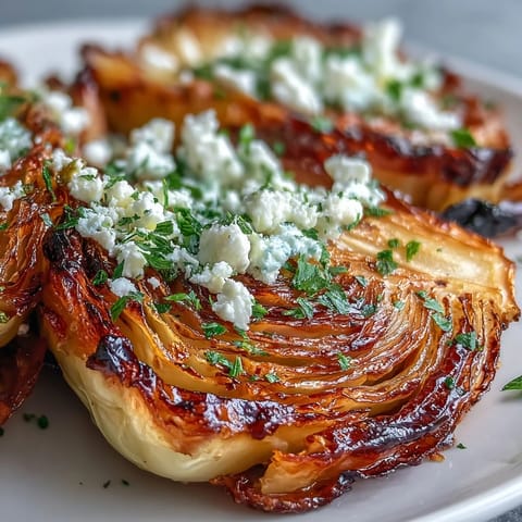 Oven-baked Crispy Cabbage Steaks With Feta and Balsamic, featuring thick cabbage slices with crispy edges and a tangy balsamic drizzle.
