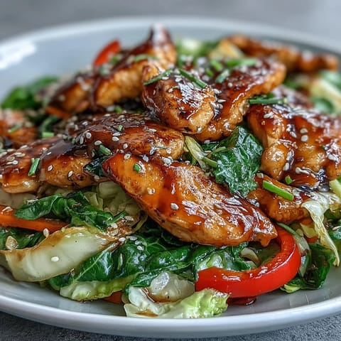 A close-up of Chicken Cabbage Stir-Fry, featuring juicy chicken and crisp veggies coated in a savory umami sauce.