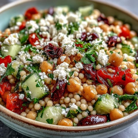 Bright Mediterranean Pearl Couscous salad in a white bowl features toasted couscous, crunchy cucumber, sweet bell pepper, and briny olives.