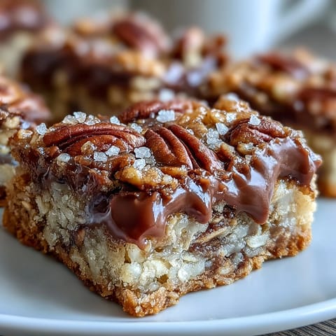 Caramel and chocolate turtle bars on a wooden board, with gooey swirls, toasted pecans, and golden crumb topping.