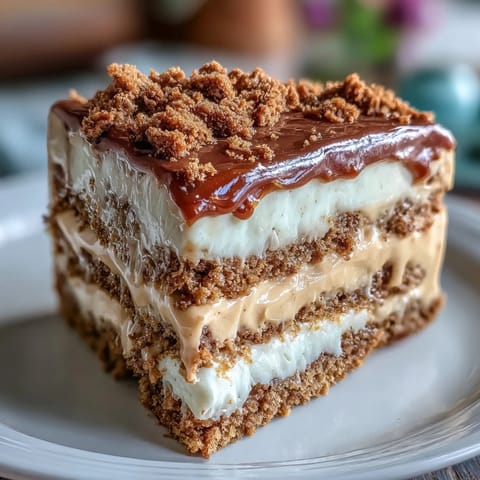 Decadent Baked Biscoff Cake with Creamy Lotus Frosting, topped with crunchy cookie crumbles and a caramel drizzle on a wooden table.