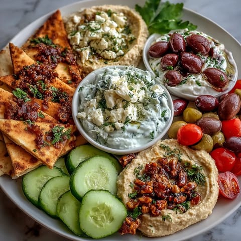 Mediterranean brunch board with creamy dips and warm flatbreads for sharing.
