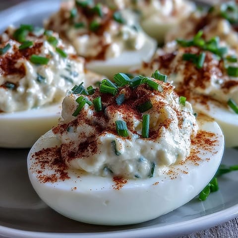 Million Dollar Deviled Eggs arranged on a chilled platter, garnished with paprika and fresh chives for a classic American appetizer.