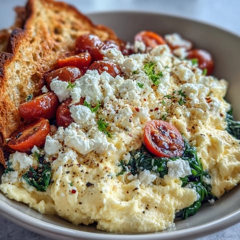 Warm scrambled eggs topped with sautéed spinach and crumbled feta in a breakfast bowl, served with whole grain toast.