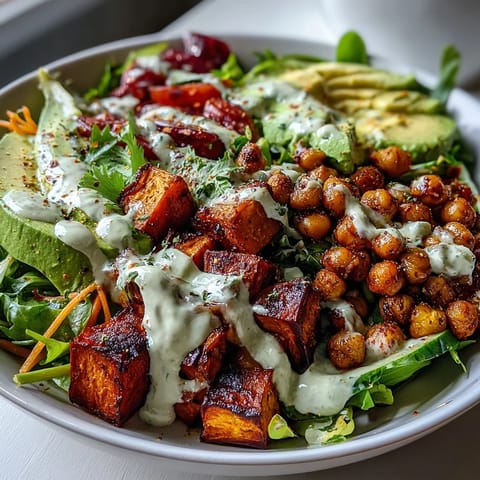 A vibrant Breakfast Buddha Bowl with roasted sweet potatoes and crispy chickpeas, topped with creamy avocado and drizzled with tahini dressing.