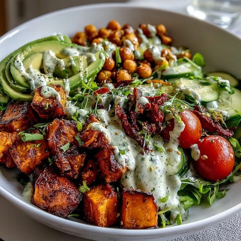 Colorful Breakfast Buddha Bowl featuring roasted sweet potatoes, golden chickpeas, and fresh vegetables on greens with a drizzle of tahini dressing.