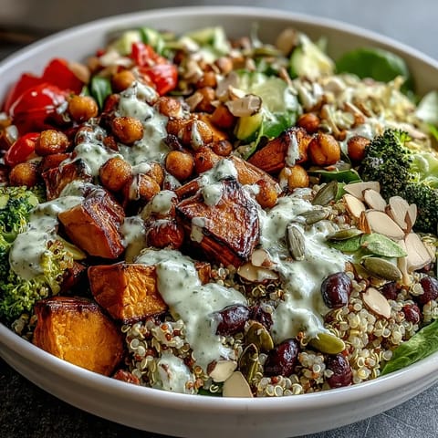 Roasted sweet potatoes and broccoli on fluffy quinoa, Meal Prep Week-Long Power Bowl with a creamy tahini dressing.