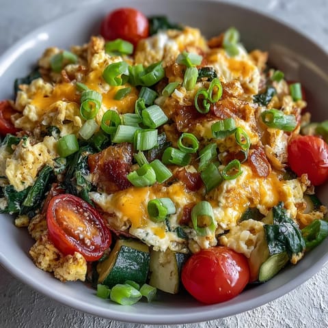 Fluffy scrambled eggs and melted cheese in a warm Scrambled Egg and Veggie Bowl with sautéed peppers and zucchini.