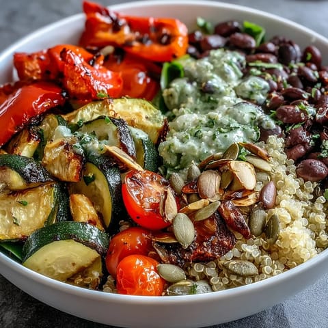 Roasted vegetables and fluffy quinoa in a vibrant Veggie and Quinoa Power Bowl, drizzled with lemon vinaigrette.