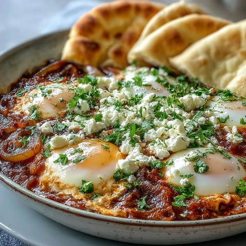 Vibrant Shakshuka Bowl simmering with poached eggs in spiced tomato sauce, served with warm pita bread.