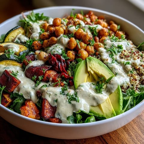 Golden roasted chickpeas and caramelized vegetables on quinoa in a Roasted Chickpea Power Bowl with creamy tahini drizzle.
