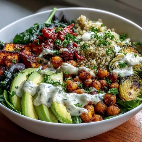 A close-up of a wholesome vegan Roasted Chickpea Power Bowl with avocado, spinach, and smoky paprika chickpeas.
