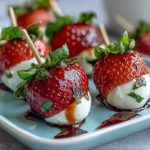 Strawberry Caprese skewers with balsamic drizzle, featuring fresh mozzarella, juicy strawberries, and fragrant basil leaves on wooden picks.