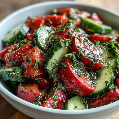 Light and refreshing cucumber radish salad with dill vinaigrette, featuring crunchy vegetables and bright herbal dressing.  