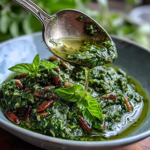 Bright green dandelion pesto with garlic and pine nuts, a fresh twist on classic Italian sauce, perfect for pasta or crostini.