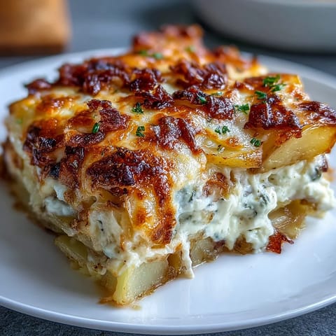 Golden, bubbly scalloped potatoes with creamy cheese sauce, perfect for holiday dinners or family gatherings.