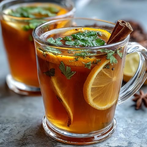 Warm mug of dandelion root tea with ginger and turmeric, garnished with lemon and a cinnamon stick