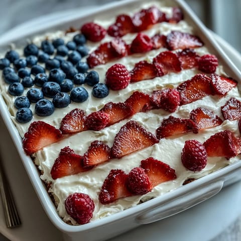 Festive Fourth of July no-bake cheesecake flag cake topped with fresh blueberries and strawberries arranged in patriotic stripes.