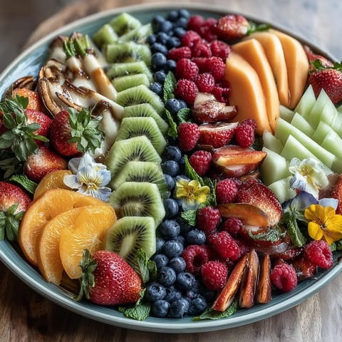 Festive fruit arrangement featuring fresh grapes, berries, melons, and edible flowers, perfect for celebrating graduation with a healthy, beautiful centerpiece.